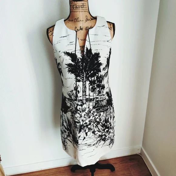 🤍 🌴Black & White len fabric with Palms print dress - Picture 8 of 12